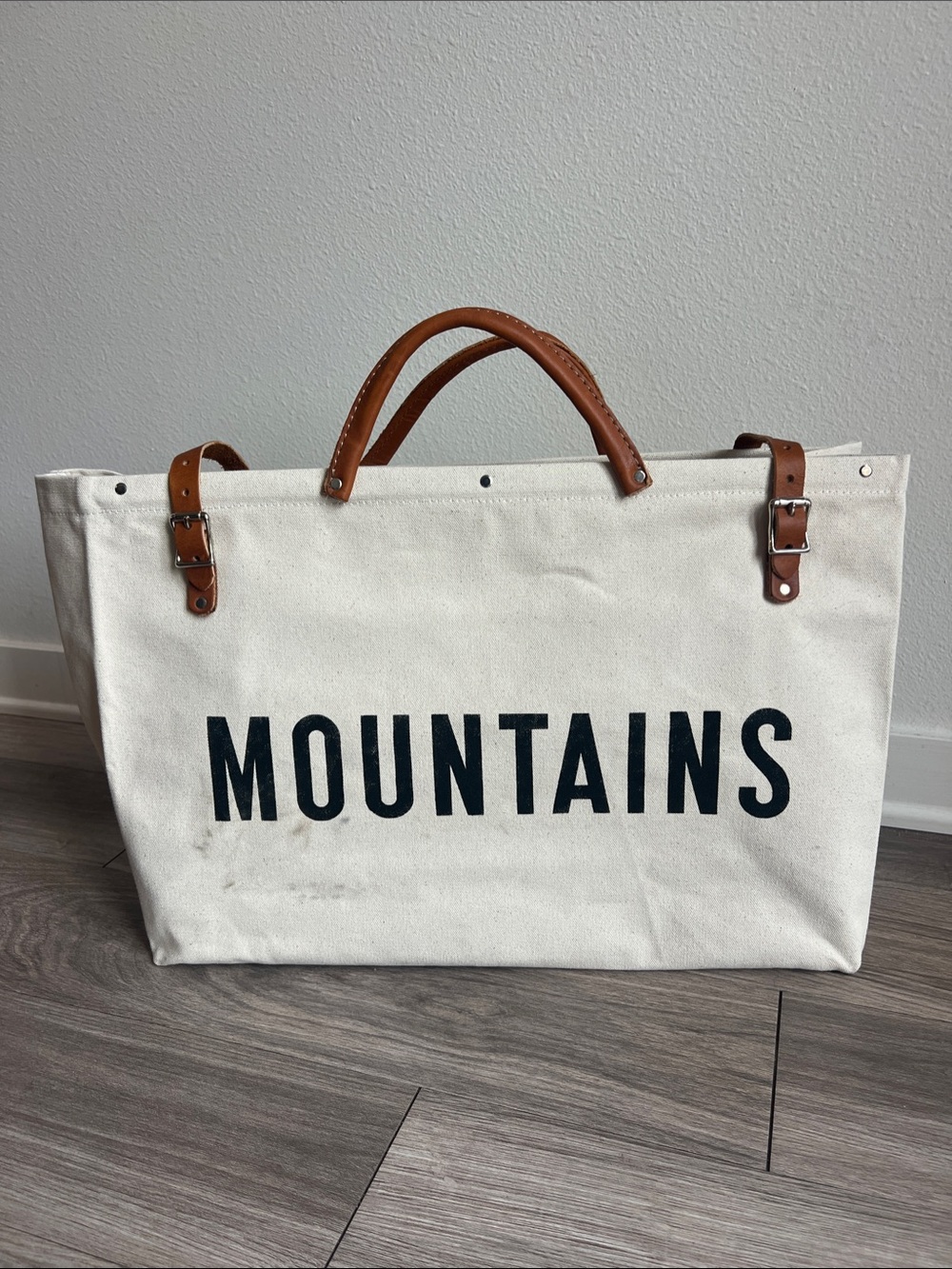 Forestbound MOUNTAINS Canvas Tote Bag with Tan Leather Handles